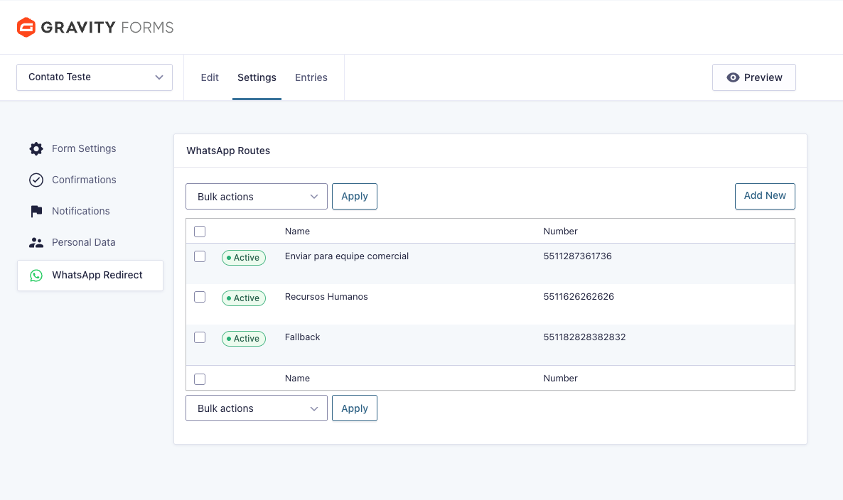 Tela real do Gravity Forms WhatsApp Redirect com lista de rotas de WhatsApp ativas